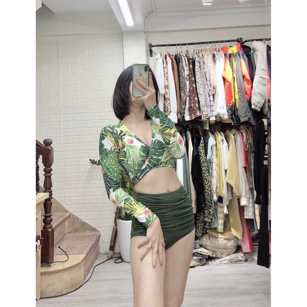 freeship Đồ bơi Bikini hai mảnh dài tay ️Freeship️ họa tiết hoa lá xanh quần cạp cao mặc đi biển đi bơi mới nhất