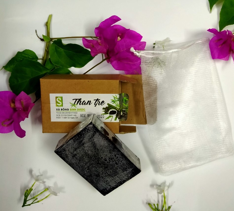 Bánh Xà bông Sinh Dược 100 gram màu Than Tre, kèm túi lưới tạo bọt