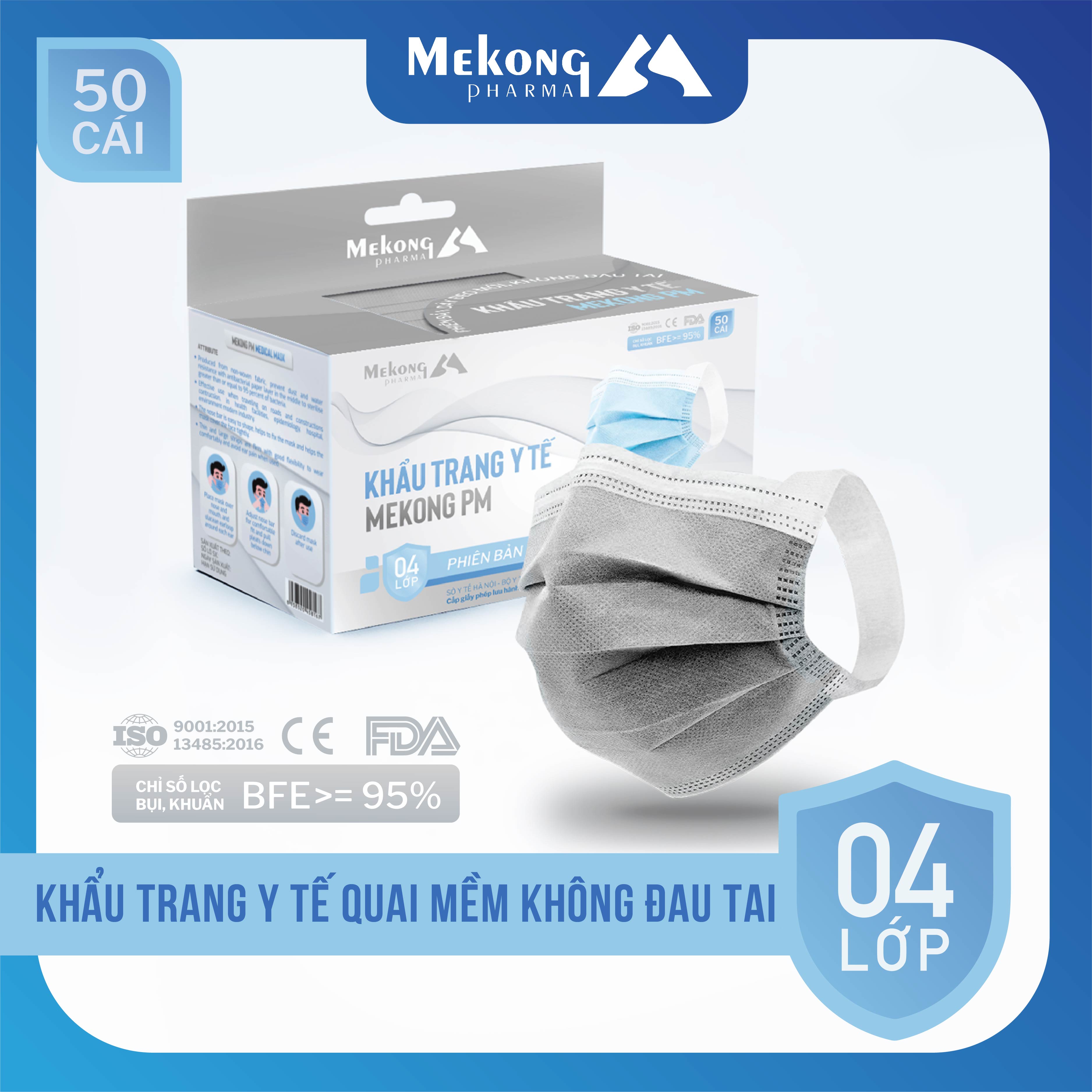 Khẩu trang y tế Mekong 4 lớp kháng khuẩn, dây đeo mềm không làm đau tai (50 cái/Hộp)