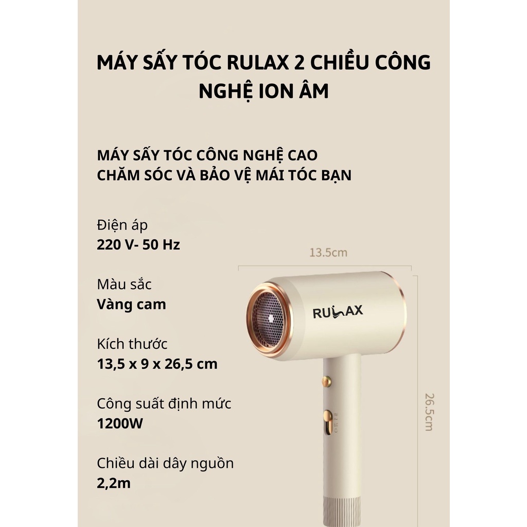 Máy Sấy Tóc Cao Cấp Rulax Kiểu Dáng Sang Trọng Tinh Tế, Công Suất Lớn, Bổ Sung Ion Dưỡng Ẩm, Làm Mềm Mượt Tóc - Hàng Chính Hãng