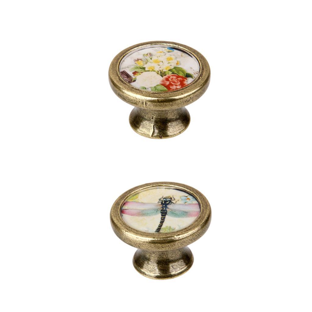 2x Retro Brass Door Knob Drawer Cabinet Cupboard Pulls Dragonfly+Butterfly