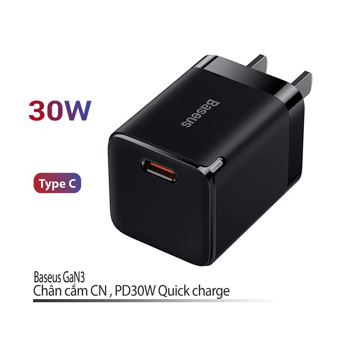 Cu sac nhanh 30W Baseus GAN3 chân căm det 90 đô 1 công Type-C chât liêu cao câp chông chay 2 mau - Hang chinh hang - Đen