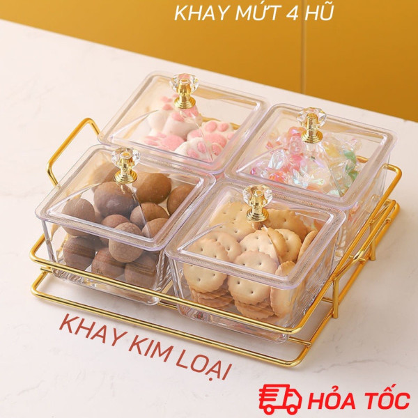 Khay đựng bánh kẹo tết hộp đựng mứt tết kệ đựng hoa quả thủy tinh  mạ vàng cao cấp sang trọng