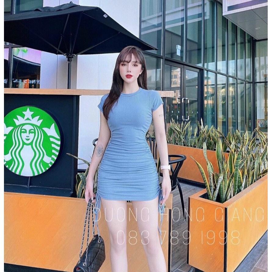 Đầm body nhún sườn dây cột nơ cổ tròn siêu hot