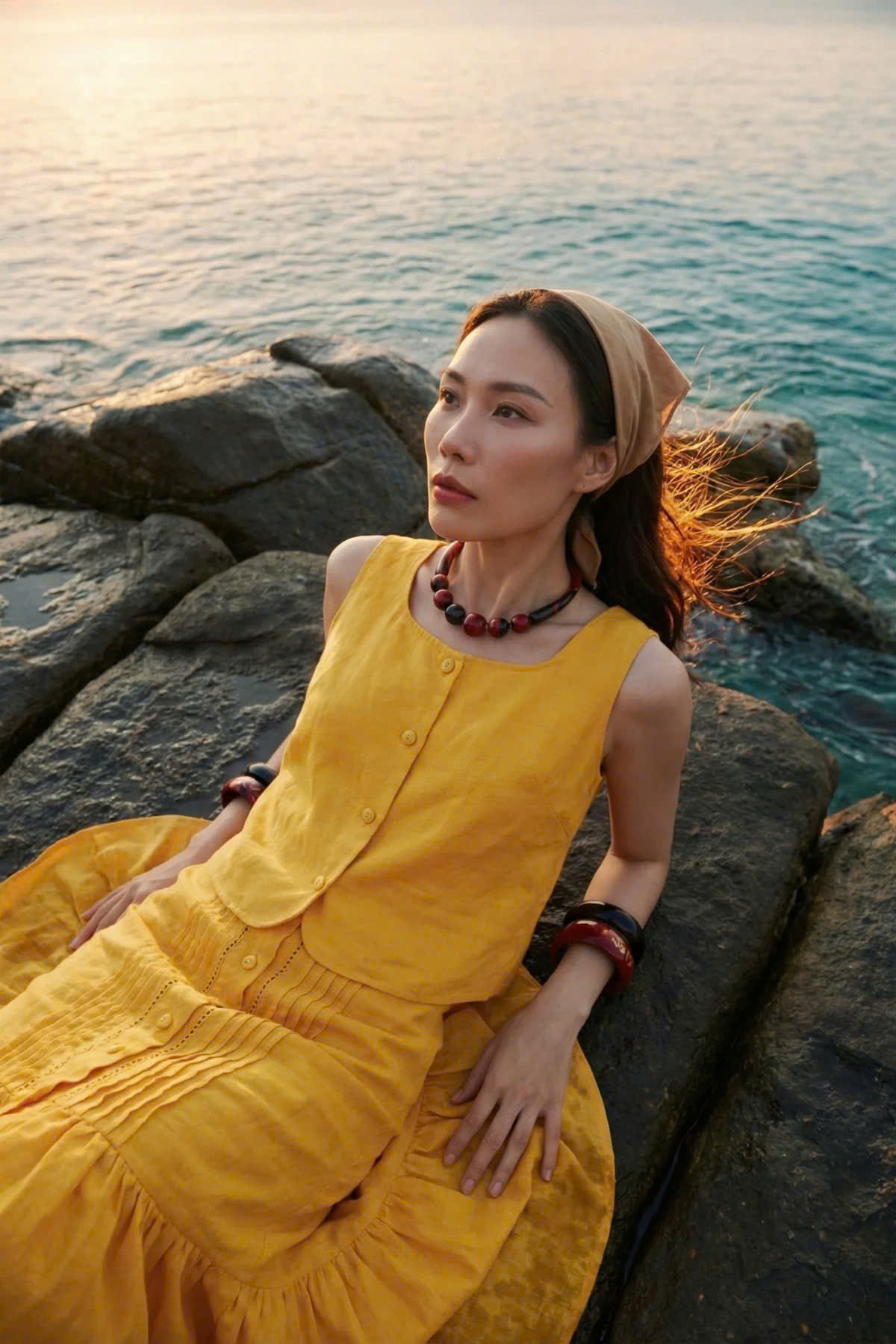 Váy Midi Lưng Thun Linen Vàng Tràng An SKI052 thời trang thiết kế Hity