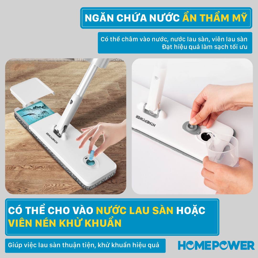 Cây lau nhà Phun nước + Tự vắt 2 trong 1 HOMEPOWER CS-02, Chất liệu nhôm cao cấp, thiết kế sang trọng hiện đại