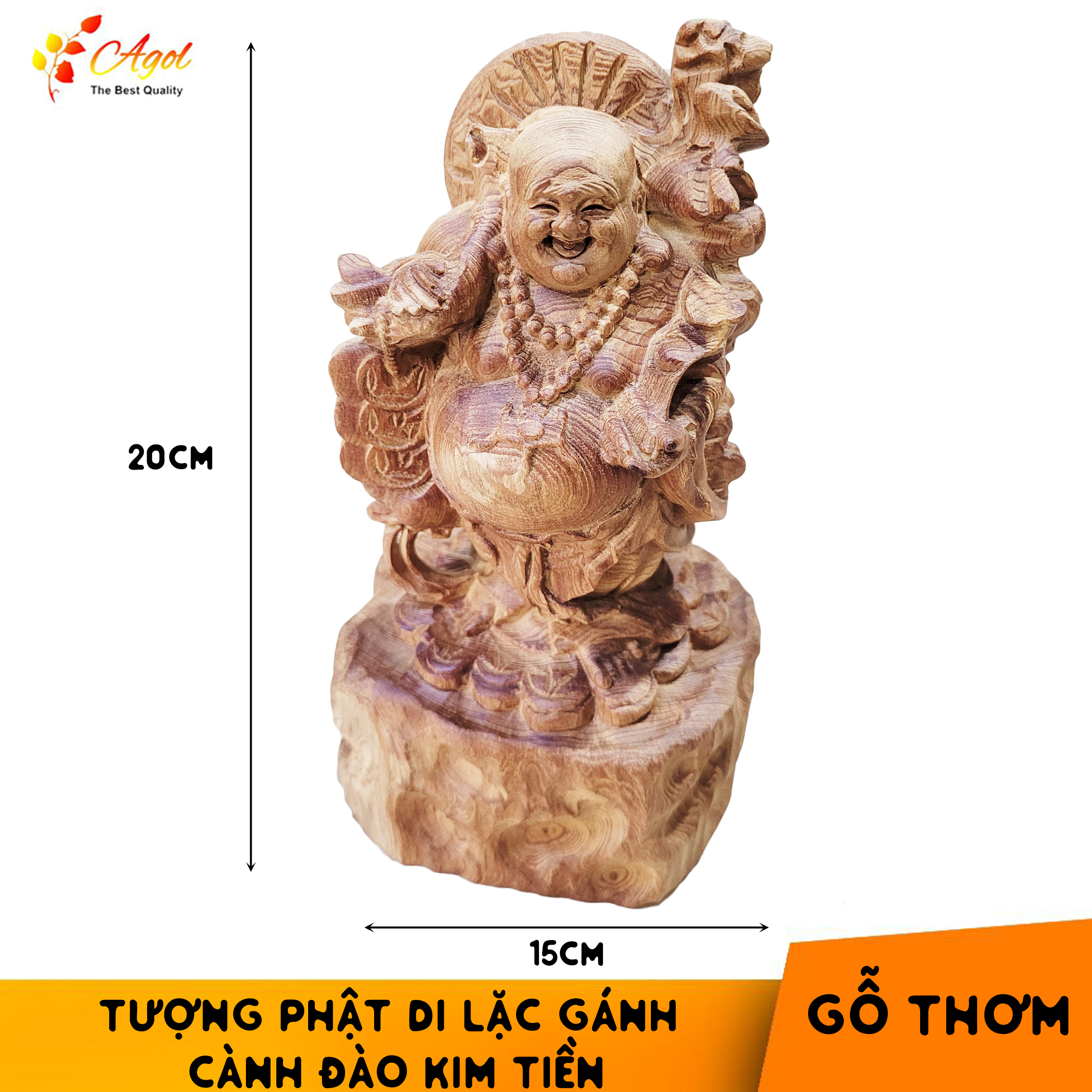 Tượng Phật Di Lặc Gánh Cành Đào Ngũ Lộc Kim Tiền Gỗ Thơm Bách Mộc Ngọc Am - Sản phẩm cao cấp cực thơm