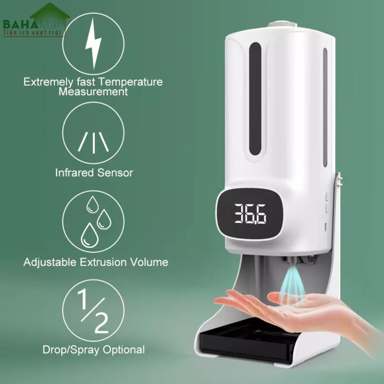 MÁY TÍCH HỢP 2 TRONG 1 ĐO NHIỆT ĐỘ VÀ PHUN CẢM ỨNG RỬA TAY KHỬ TRÙNG TỰ ĐỘNG K9Pro Plus "BAHAMAR" Tự động đo nhiệt độ và phun nước rửa tay diệt khuẩn hiệu quả tránh lây nhiễm chéo