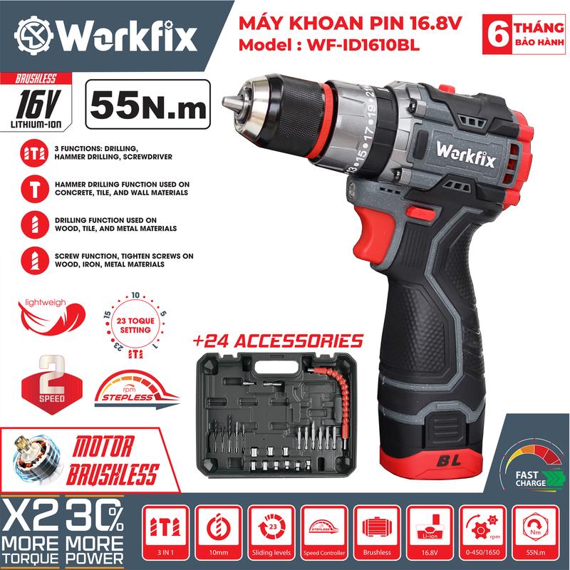 [ TẶNG phụ kiện 24 món] Máy Khoan 3 Chức Năng Workfix 16.8V - WF-ID1610BL - Động Cơ Từ Cao Cấp - 2 Pin 4 Cell  16.8V/2Ah