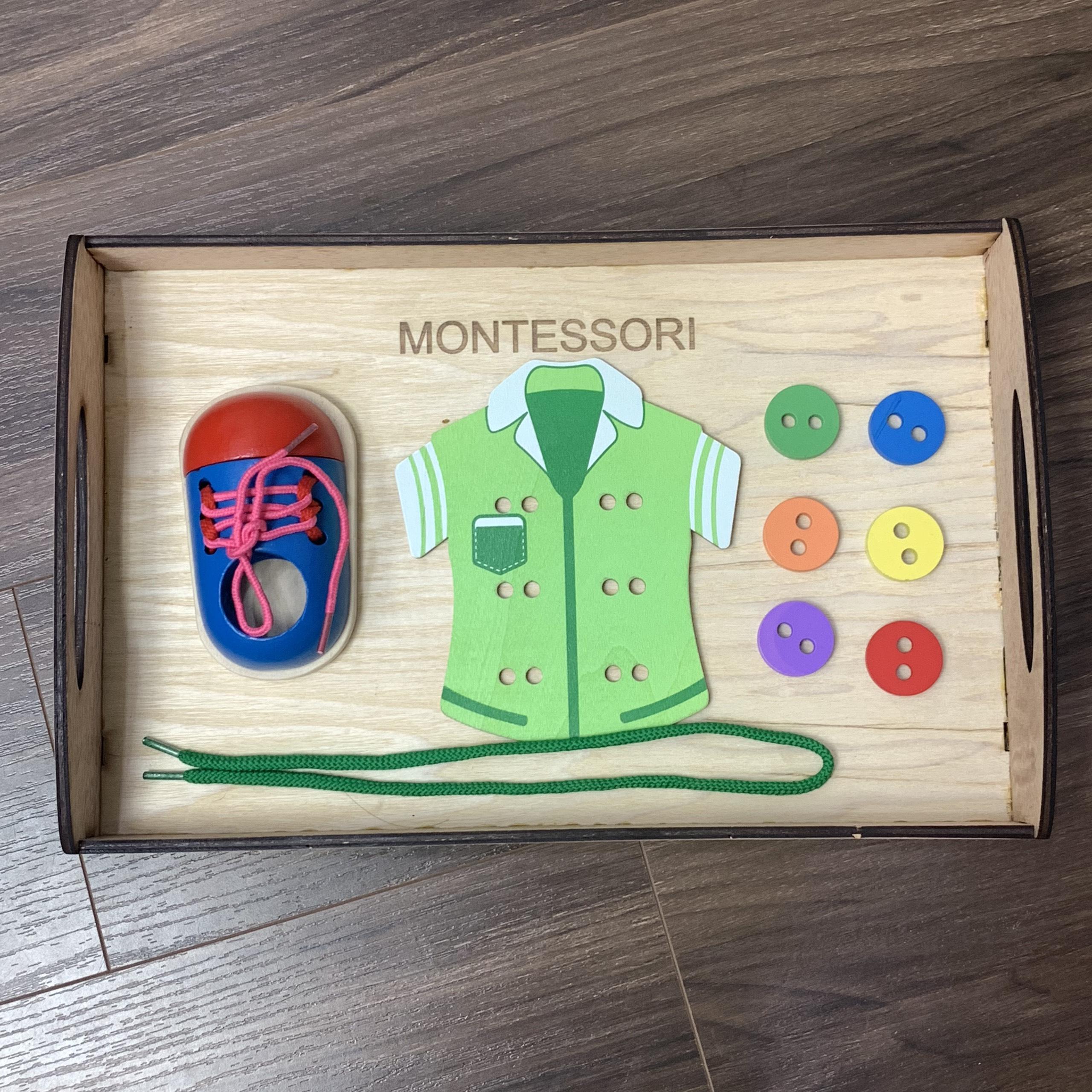 Đồ Chơi Montessori Bằng Gỗ Cho Trẻ Tập Buộc Dây Khéo Tay Kèm Khay Đựng Bằng Gỗ Tiện Lợi