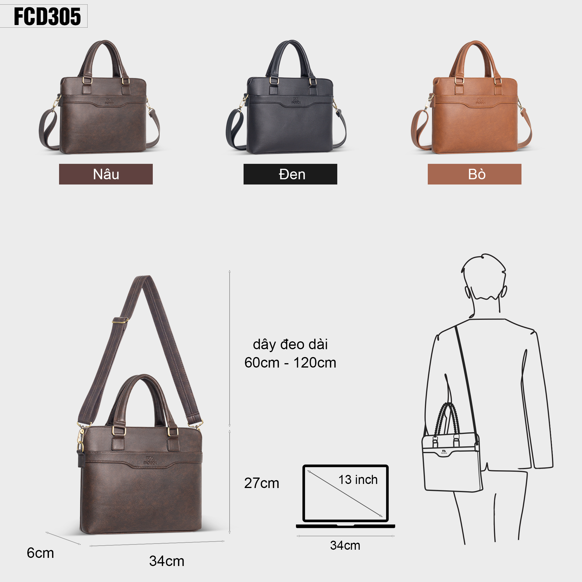 Cặp công sở thời trang unisex đa năng FADODA FCD305