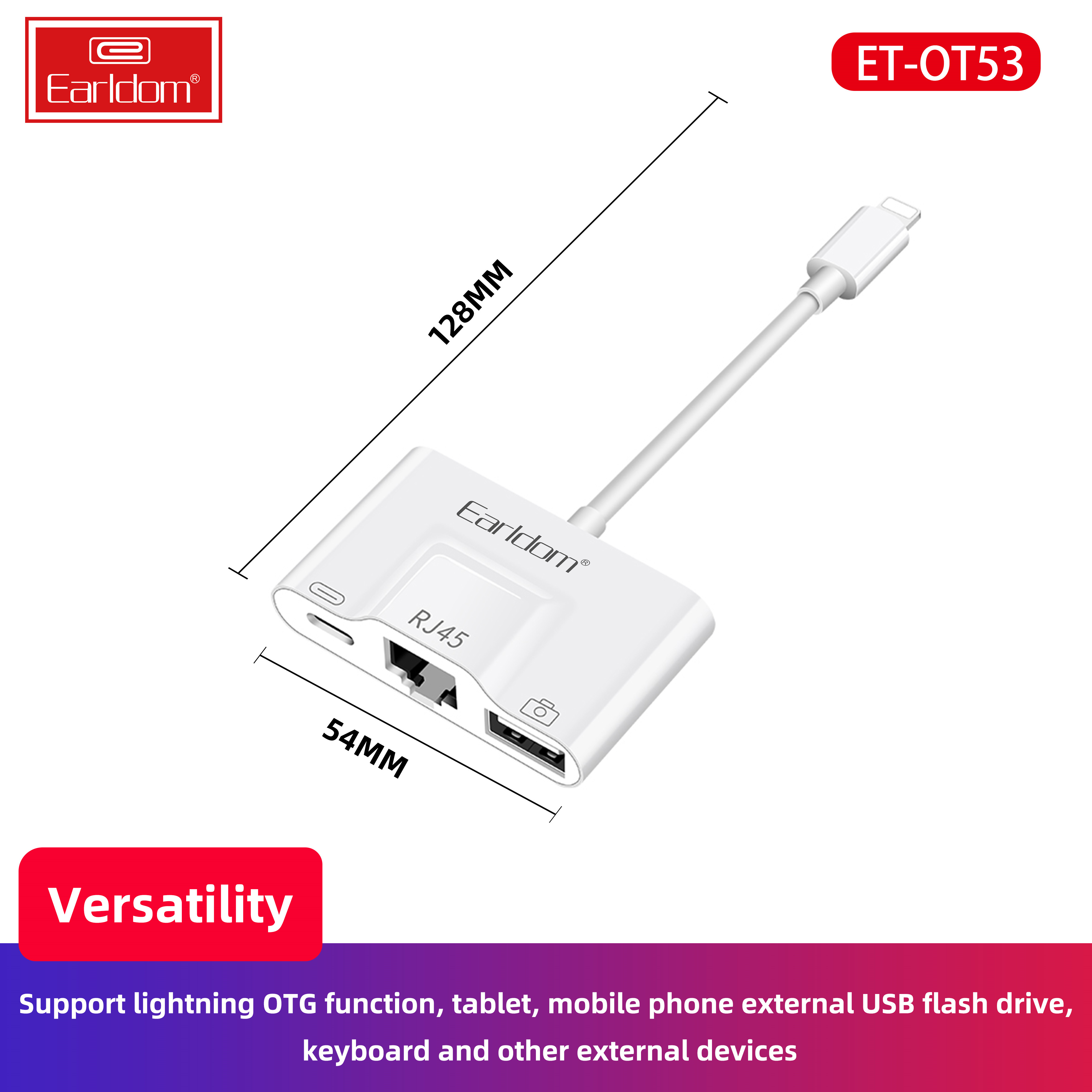 Cáp OTG Dành Cho iPhone iPad Tích Hợp 1 Cổng LAN RJ45 + USB 3.0 Earldom OT53 - Hàng Chính Hãng