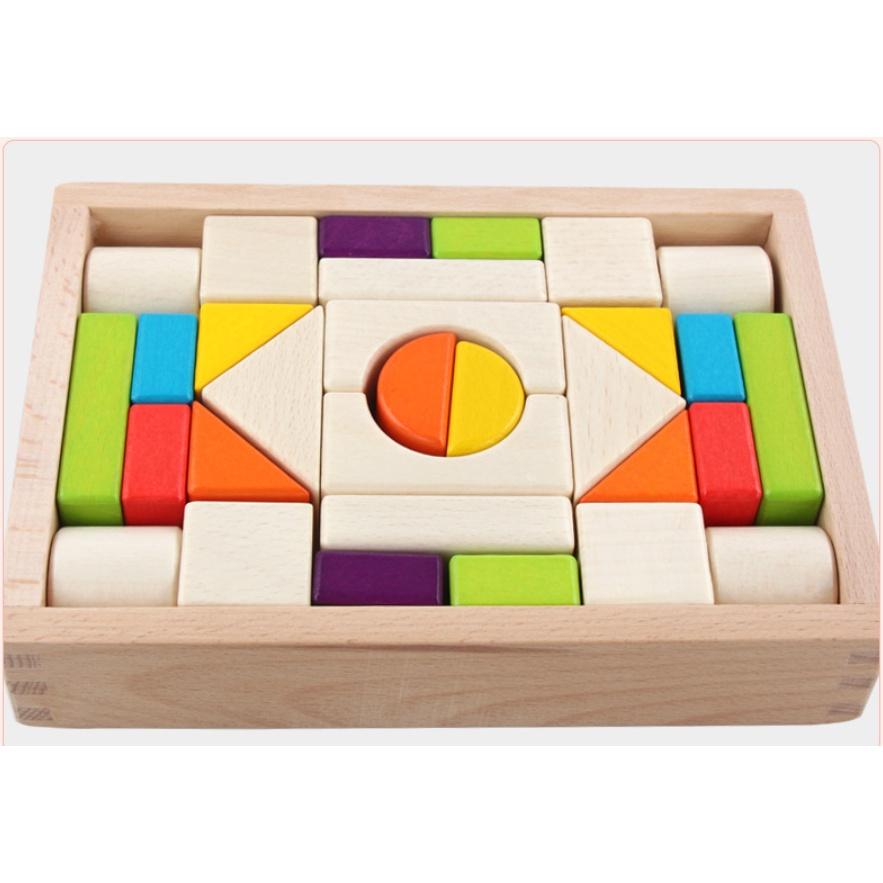 Đồ chơi bộ xếp hình xây dựng hình khối cho bé 30 chi tiết kèm khay đựng bằng gỗ cho bé - đồ chơi thông minh Montessori