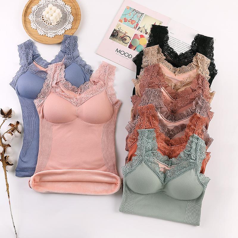 Quần Lót Sinh Nhiệt Nữ Áo Vest Nhung Cao Cấp Thu Đông Làm Dày Ấm Ren Dây Đeo Cổ V Có Đệm Ngực Nhiệt Áo Thun