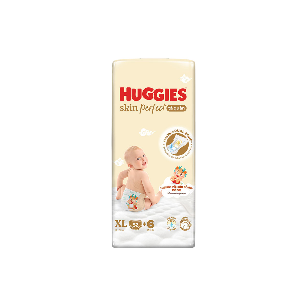 Tã quần Huggies Skin Perfect phiên bản Rồng giới hạn Super Jumbo XL52+6 miếng với 2 vùng thấm giảm kích ứng da