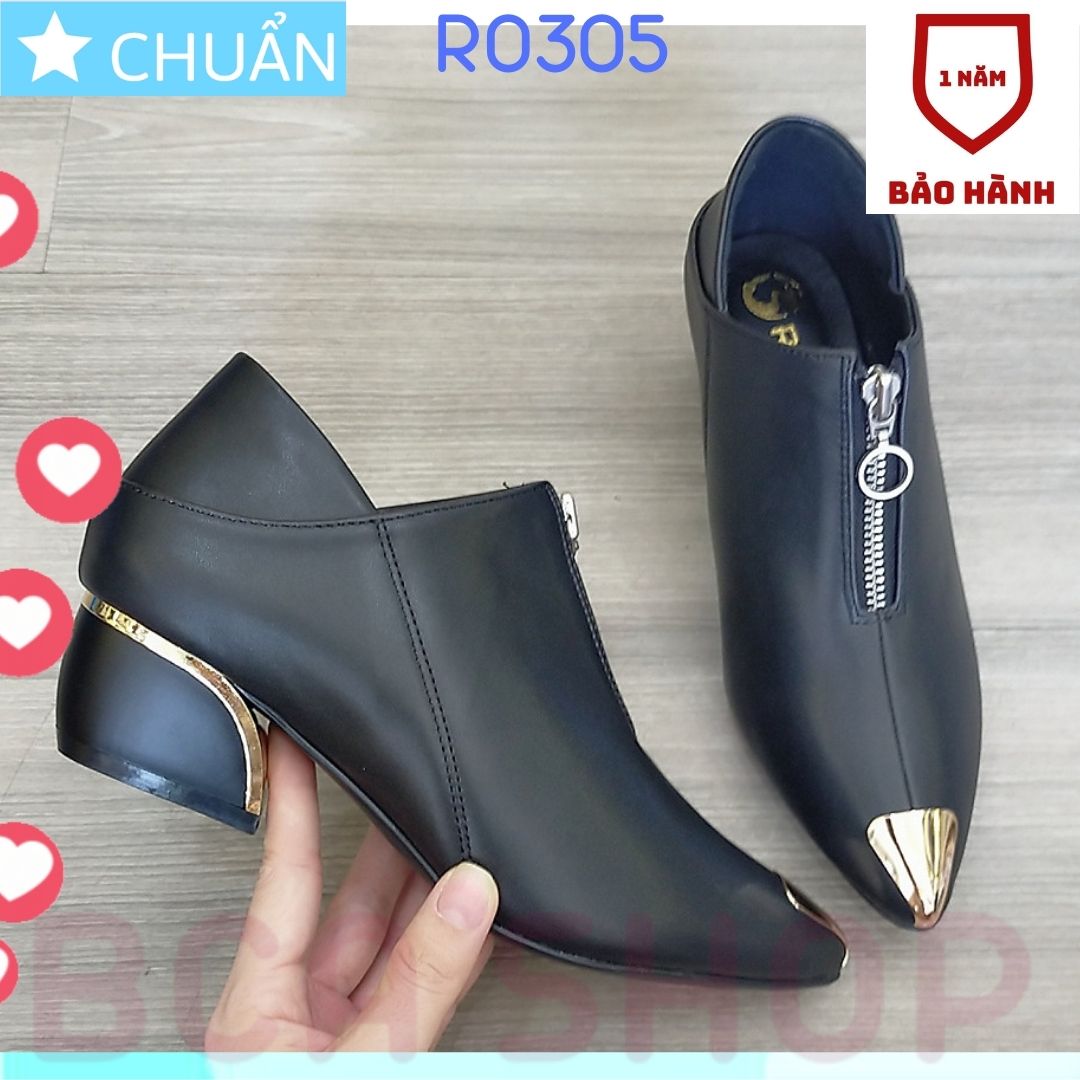 Giày bốt nữ cổ ngắn 4p RO305 ROSATA tai BCASHOP dây kéo phía trước, mũi giày và đế có gắn kim loại cách điệu - màu đen