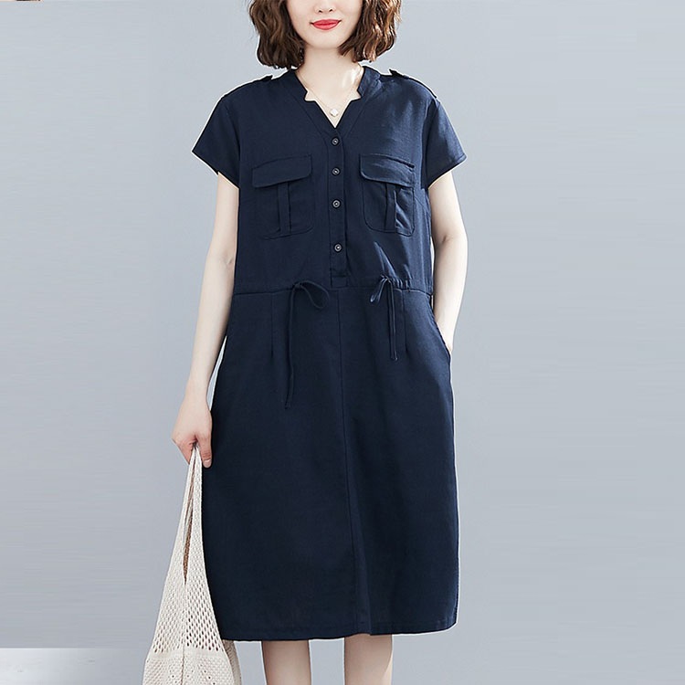 Đầm suông linen rút eo 2 túi ôp, dáng suống rộng không kén người mặc, thời trang xuân hè 2021