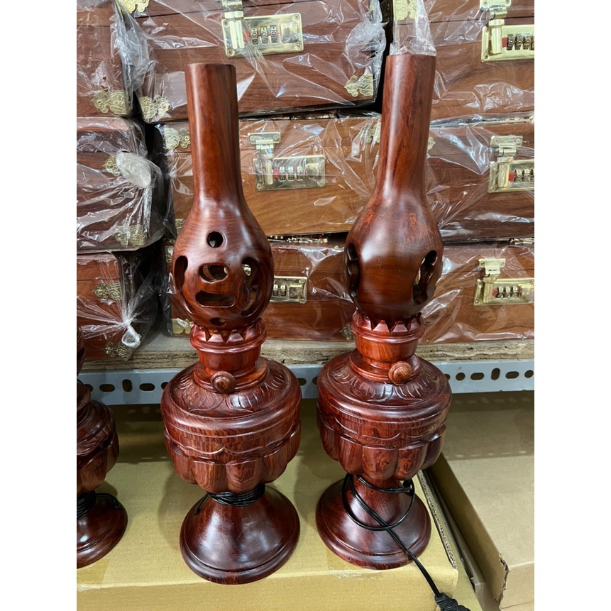 Cặp đèn dầu gỗ hương nguyên khối cao cấp- Cao 25cm