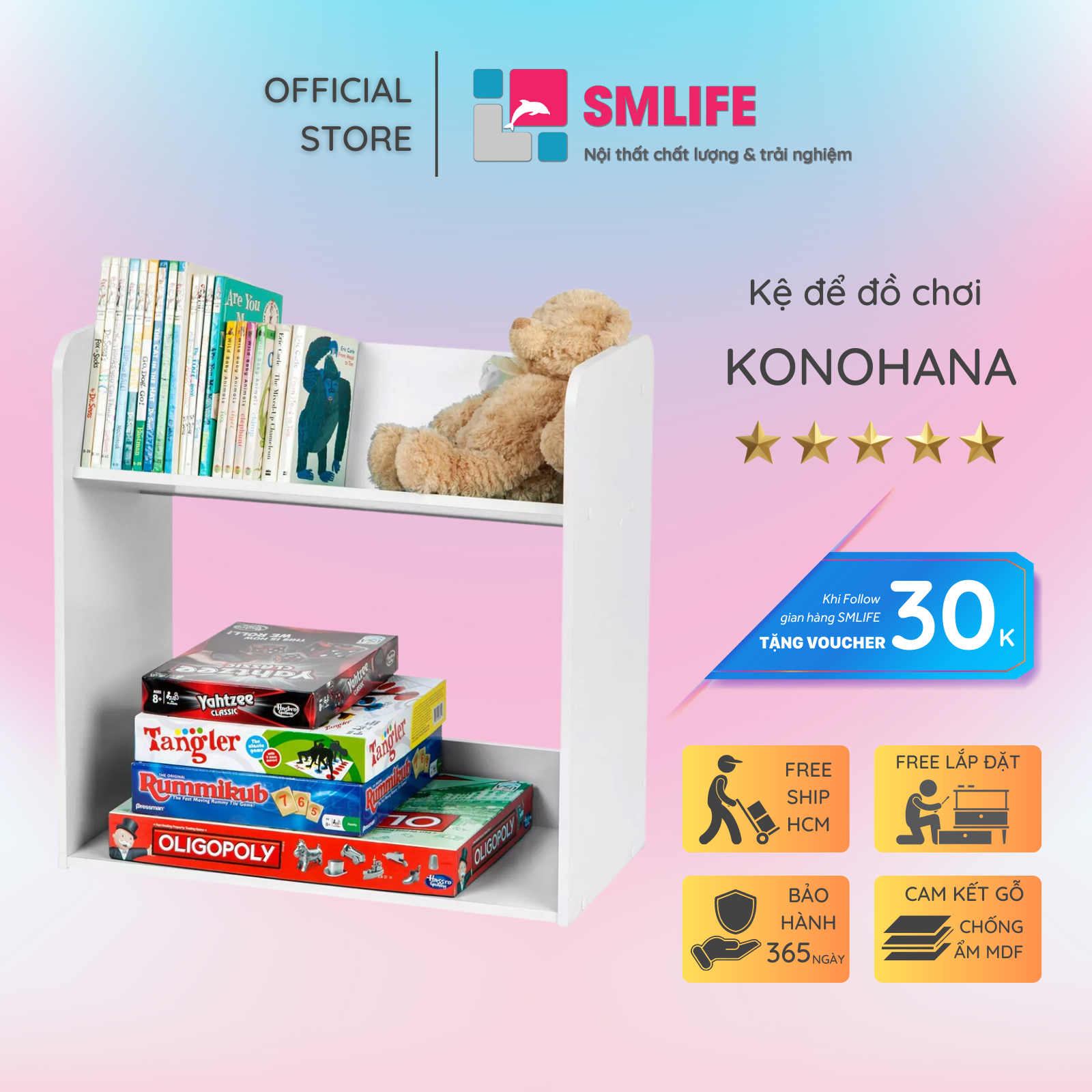 Kệ để đồ chơi cho bé SMLIFE Konohana | Gỗ MDF dày 17mm chống ẩm | D60xR30xC60cm