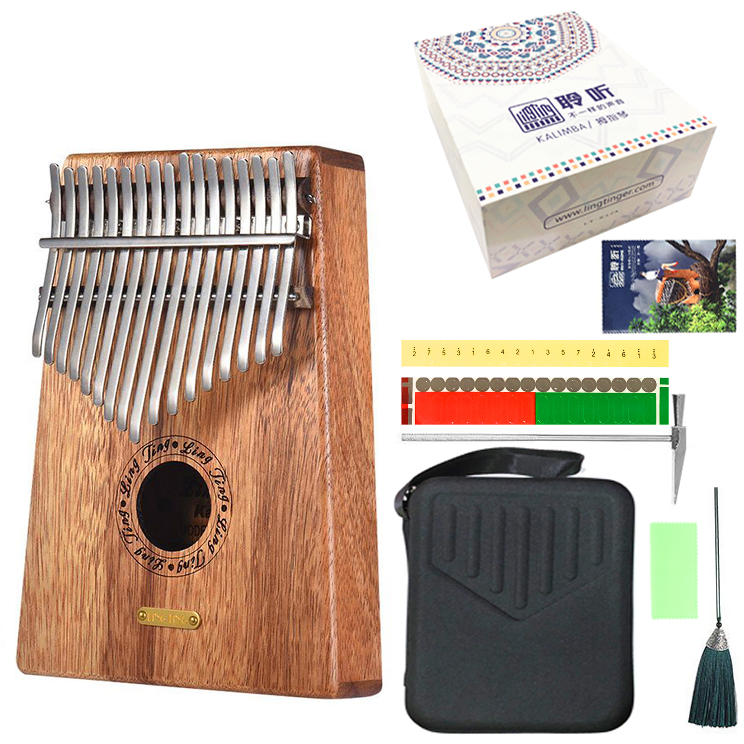 Đàn Kalimba LingTing 17 Phím Gỗ Hoàng Đàn LT-K17Y (Hộp cứng chống sốc, Búa chỉnh âm, Dây treo trang trí, Khăn lau, Sticker dán note, Sách học, Ling Ting K17Y) - Kèm Kèn Kazoo DreamMaker.