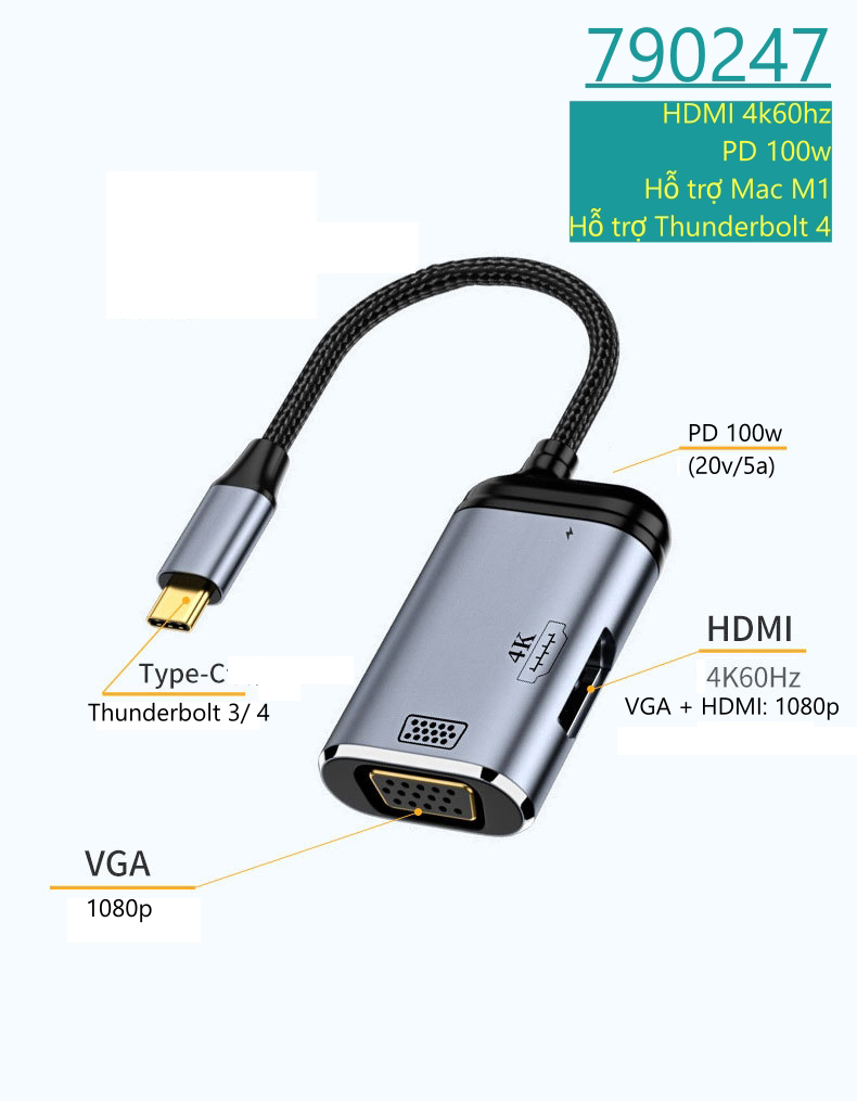 Hub usb type c ra hdmi  + vga cho các dòng laptop thunderbolt 3/ 4 và macbook m1