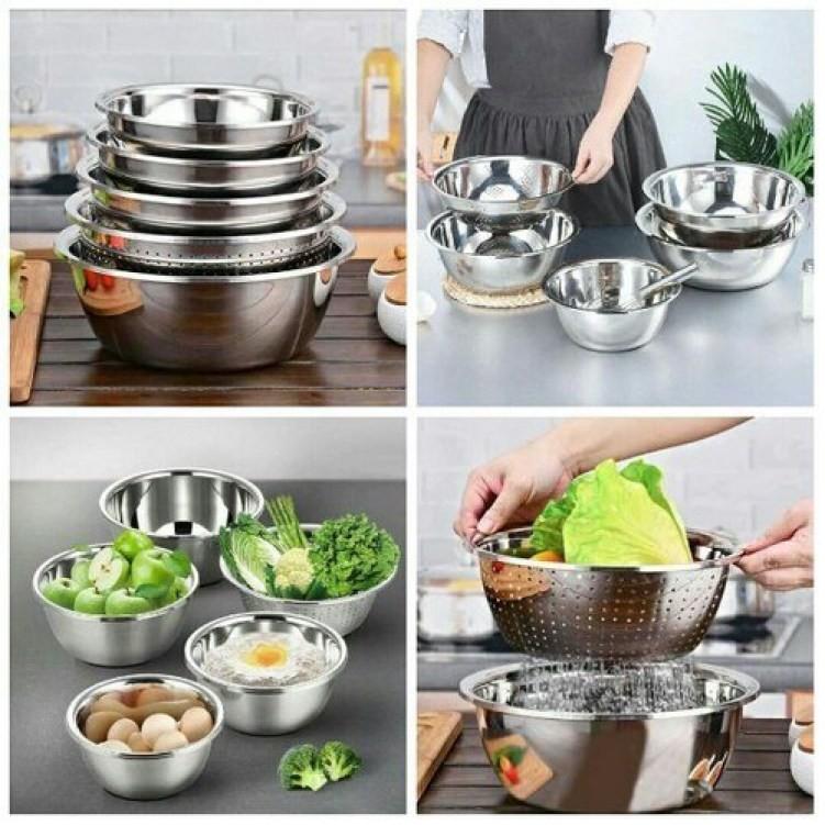 Bộ 5 món thau chậu rổ inox nhà bếp