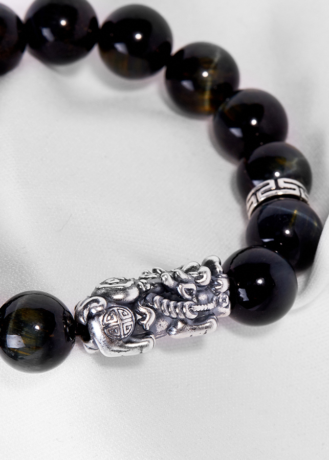 Vòng Tay Đá Mắt Hổ Xanh Đen Phối Charm Tỳ Hưu Bạc Ngọc Quý Gemstones