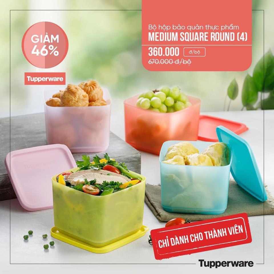 Bộ Hộp Medium Square Round 1L (4 Hộp) - Tupperware Hàng Chính Hãng