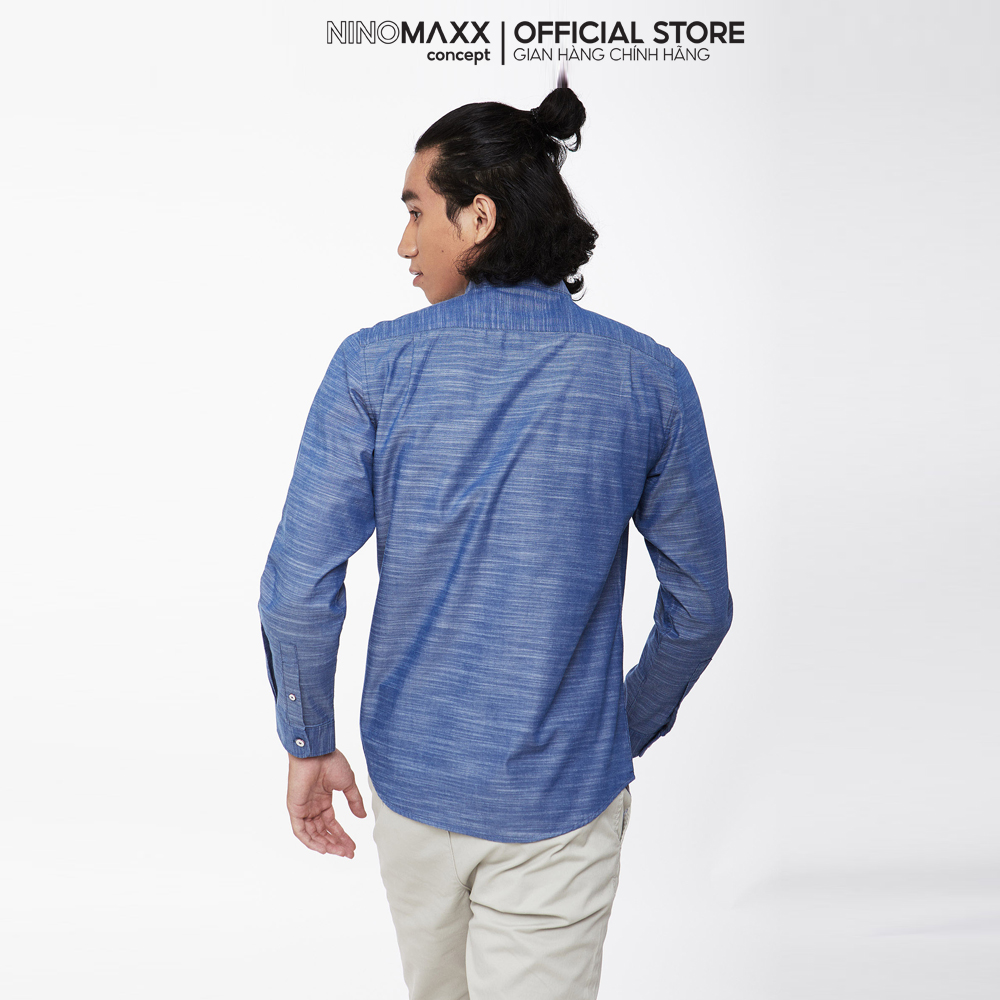 Áo Sơ Mi Nam Ninomaxx cổ tàu dài tay màu xanh 100% cotton dáng regular fit mã 1905192