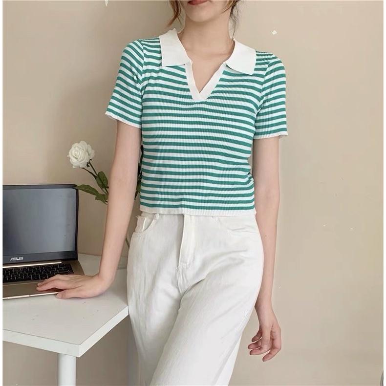 Áo thun len croptop cổ bẻ dệt kim Áo kẻ sọc ngang quảng Châu cao cấp