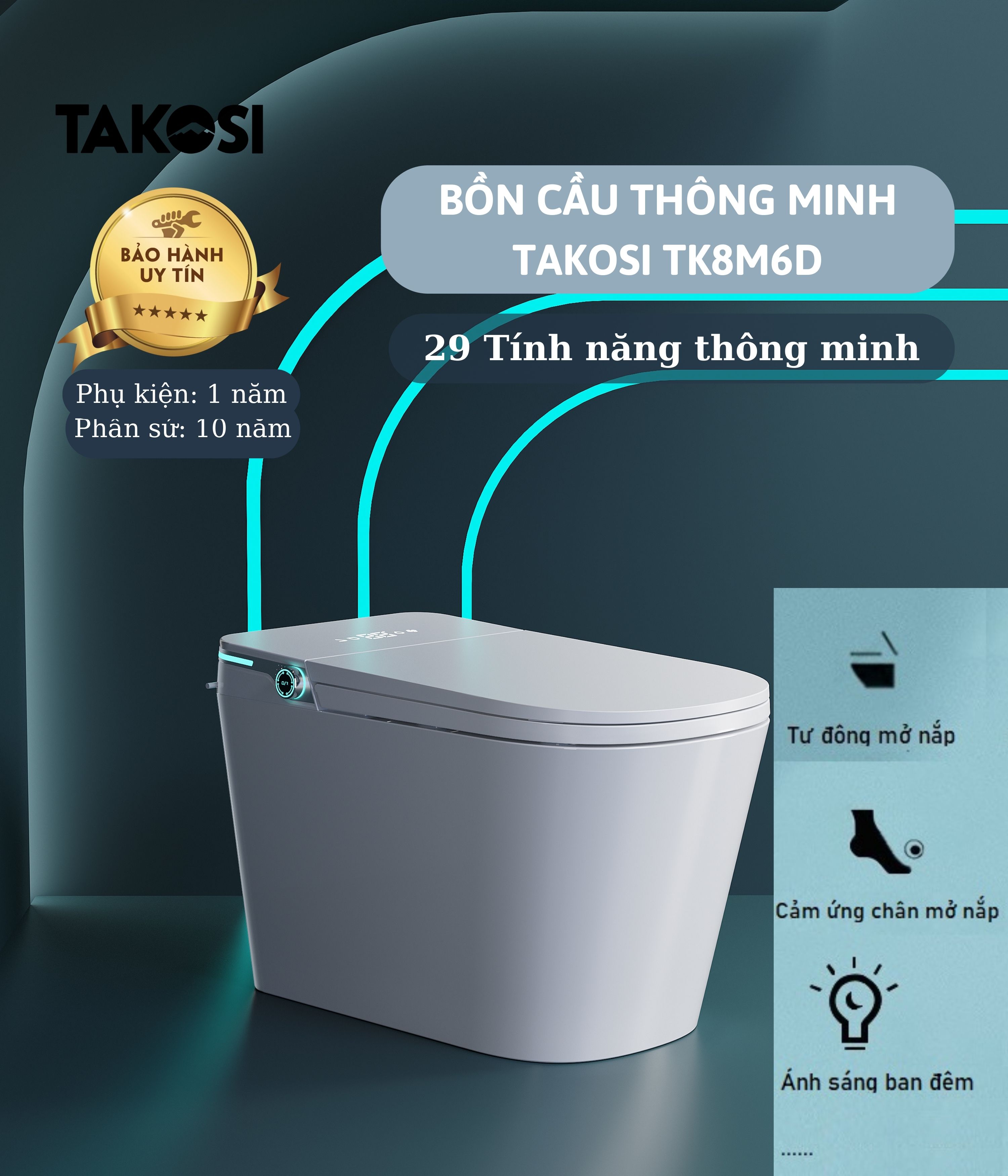 Bồn cầu thông minh xịt nước tự động đa chức năng TAKOSI K8M6D dùng gia đình, dùng khách sạn hàng chính hãng bảo hành 10 năm