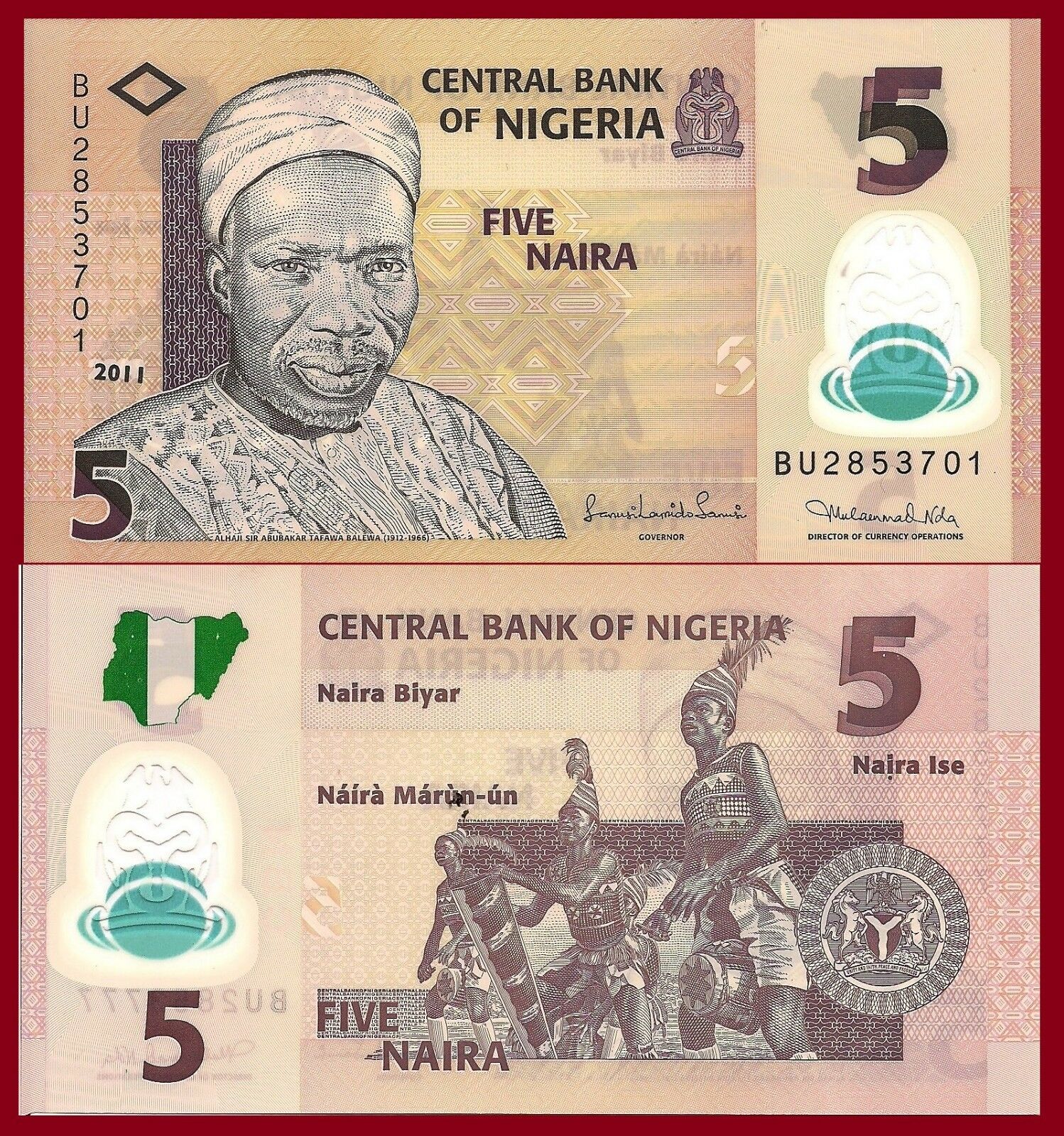 Tiền châu Phi sưu tầm 5 naira polymer Cộng hòa Nigeria