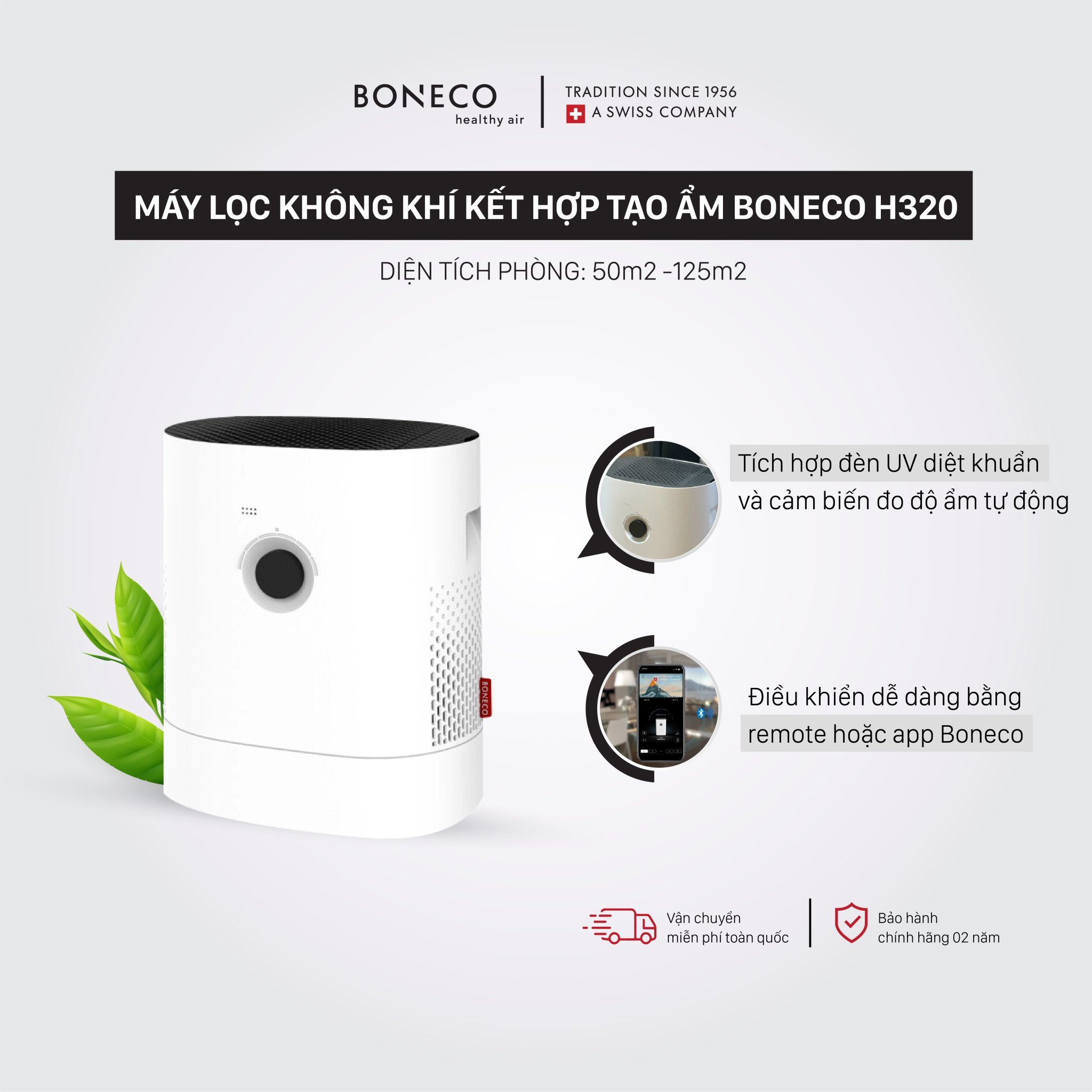 Máy Lọc Không Khí Tạo Ẩm BONECO H320 Xông Tinh Dầu Phòng Ngủ, Lọc Bụi, Kháng Vi Khuẩn, Tạo Độ Ẩm Không Khí, Kết Nối Blutooth Điều Khiển Từ Xa (50m2) - Hàng Chính Hãng