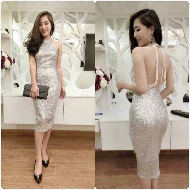 Đầm body cổ yếm kim sa đan dây