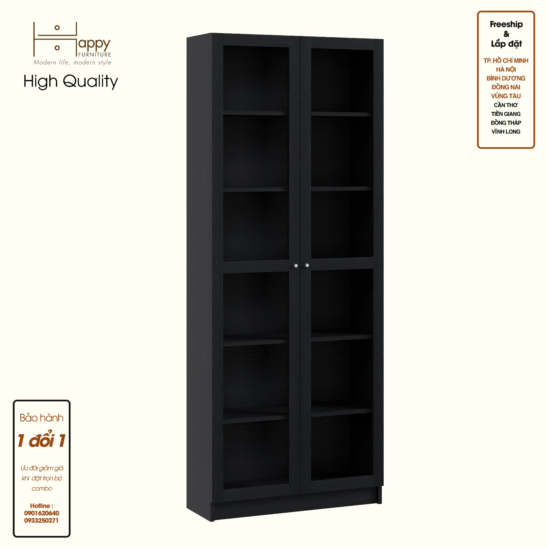 HAPPY FURNITURE , Kệ sách 6 tầng cửa kính - CATY, KSA_074 , 80cm x 30cm x 202cm DxRxC