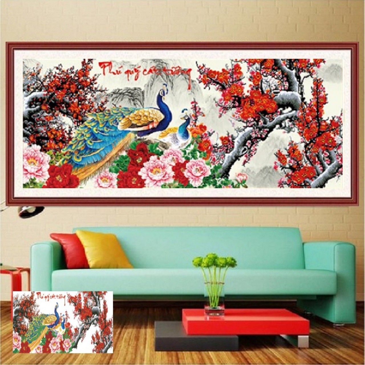 Tranh đính đá Phú quý cát tường 160x67cm - chưa đính