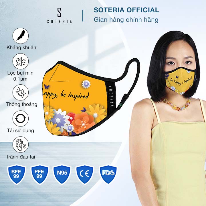 Khẩu trang tiêu chuẩn Quốc Tế Soteria Be Happy ST125 bộ lọc đạt chuẩn Mỹ N95 BFE PFE 99 lọc đến 99% bụi mịn 0.1 micro, vi khuẩn, khí độc