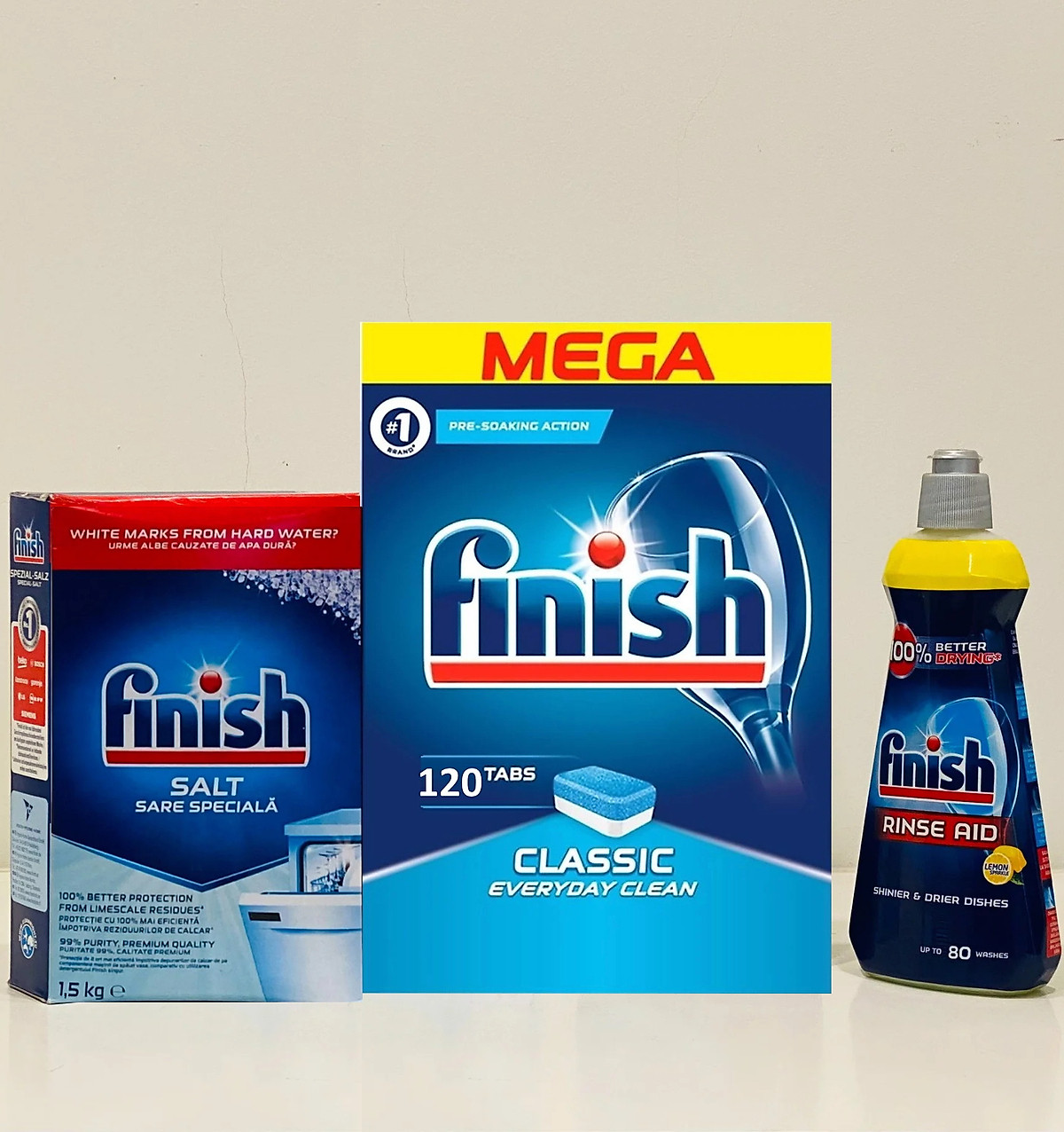 Combo 120 viên rửa bát finish + muối Finish 1.2kg + Nước làm bóng Finish 400ml dùng cho máy rửa bát