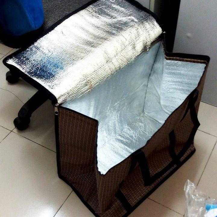 Túi giữ nhiệt lớn Dài 50 x Cao 47 x Rộng 30 (cm), vải bố dầy, hình hộp ngang, nặng 700gr