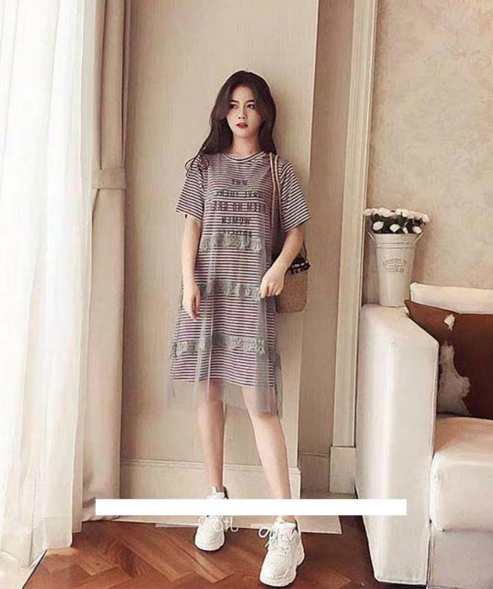 Đầm suông sọc ngang phối lưới Mã: DA5196 - ĐỎ