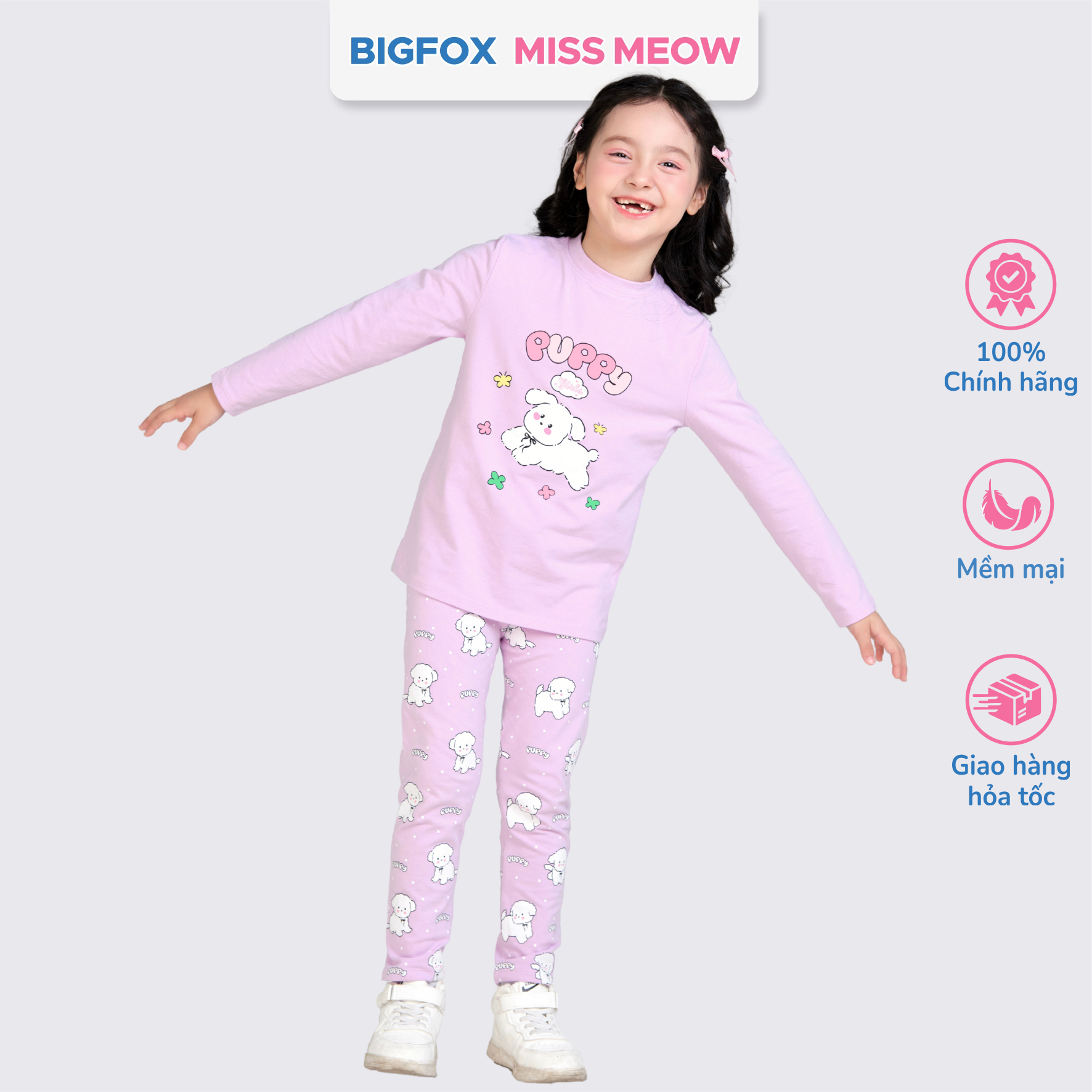 Bộ đồ dài tay cho bé gái Bigfox Miss Meow thu đông size đại vải thun cotton mặc nhà 3-11 tuổi 35kg