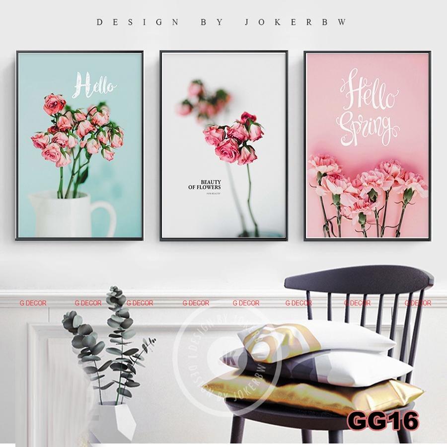 Tranh treo tường canvas khung gỗ 3 bức phong cách hiện đại Bắc Âu tranh hoa lá trang trí phòng khách phòng ngủ spa 34