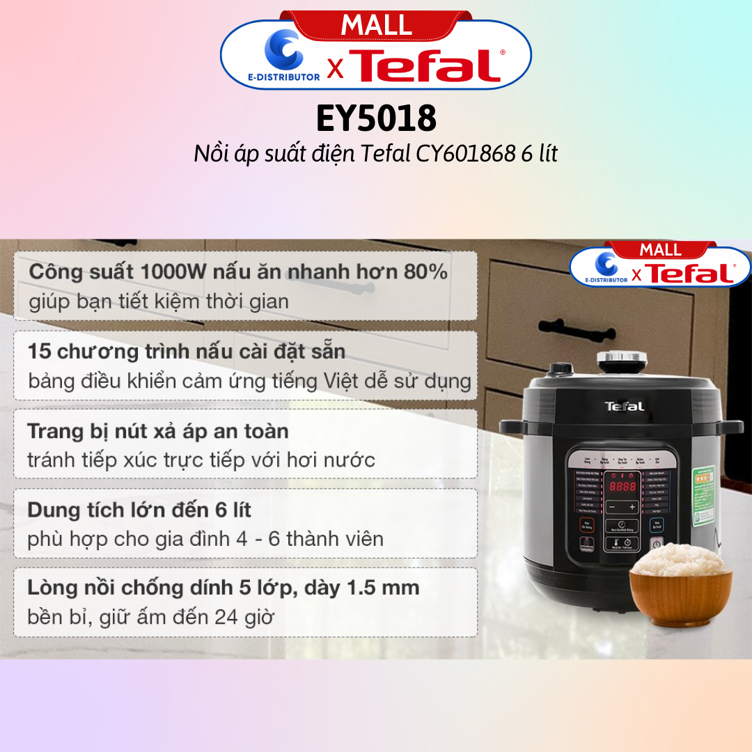 Nồi áp suất điện Tefal CY601868 6 lít - Hàng Chính Hãng