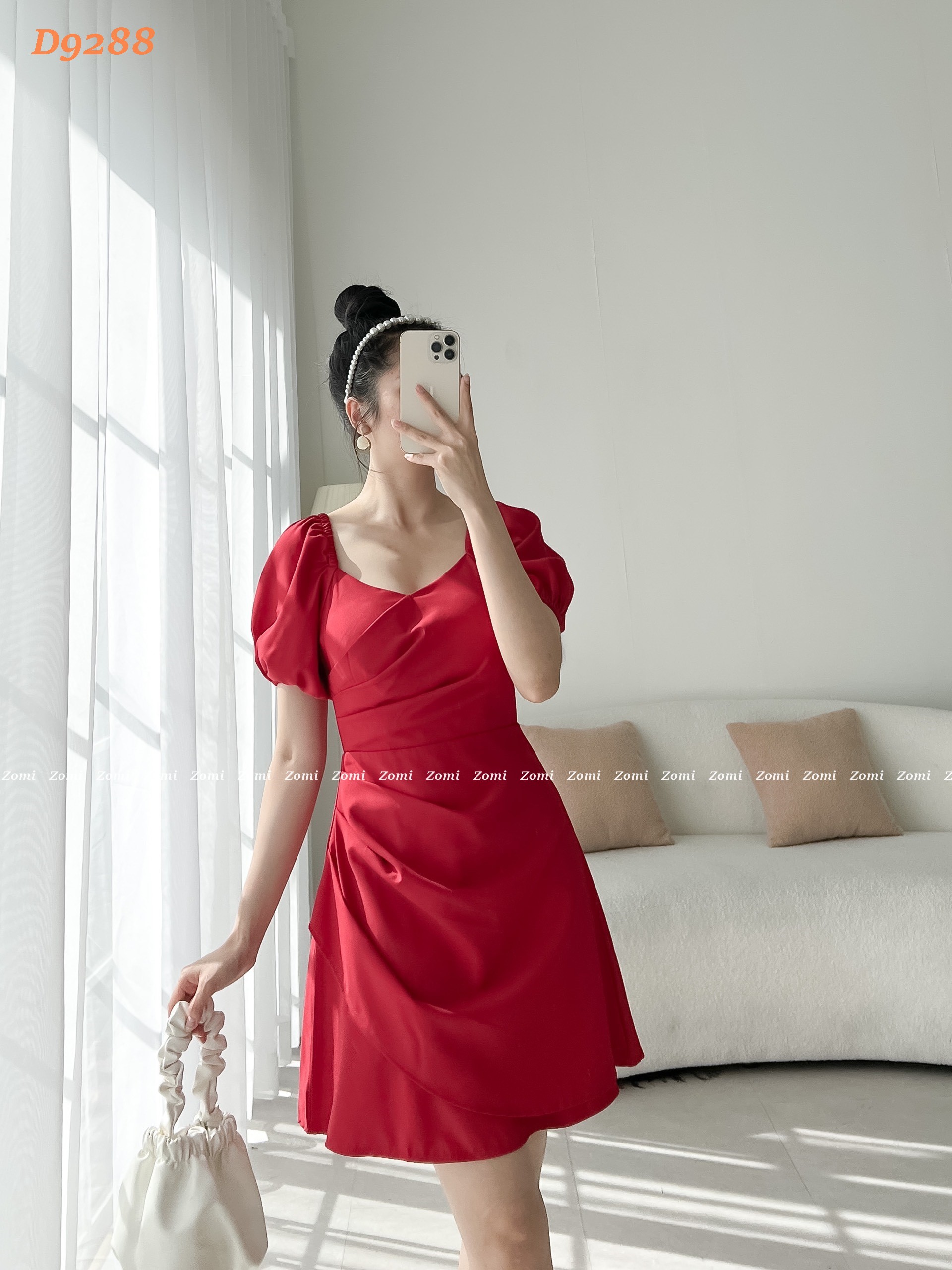 Đầm dự tiệc thời trang dáng ôm body xếp li cổ chéo tay phồng quyến rũ D9288