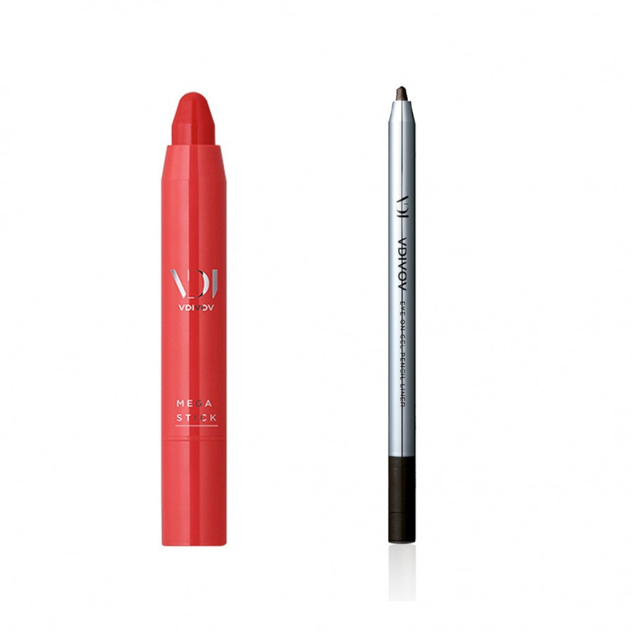 Bộ trang điểm VDIVOV son môi bút chì Mega Stick [Red] SUNKIST 2.5g và chì kẻ mắt dạng gel Eye On Gel Pencil Liner PK101 (Pearl) 0.5g