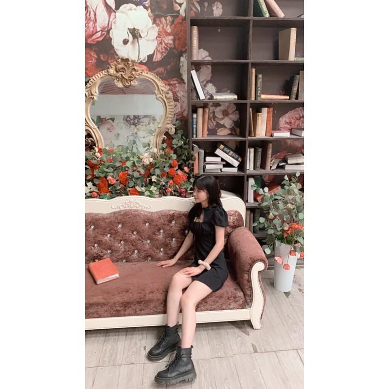 Váy chữ A cổ vuông có dây nơ cổ nhún ngực 2 màu y hình