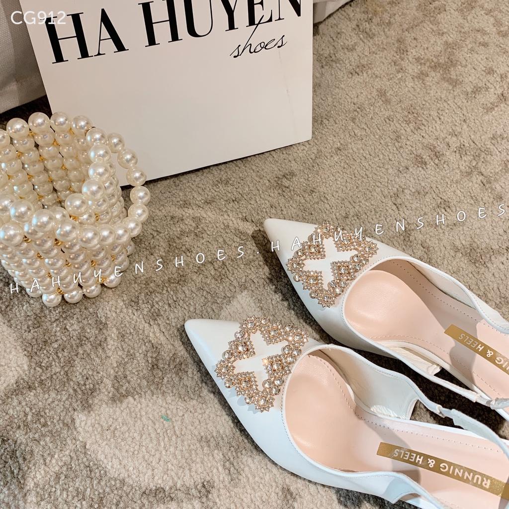 Giày cao gót mũi nhọn Hà Huyền Shoes gót nhọn 8 phân da lì đính đá sang trọng - CG912