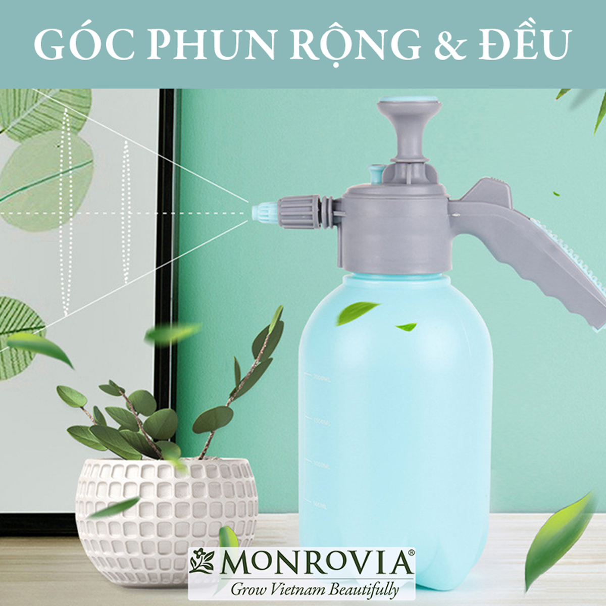 Bình xịt tưới cây MONROVIA 2 lít, phun sương tưới cây cảnh, vòi dài, tặng vòi ngắn, màu xanh, tiêu chuẩn Châu Âu