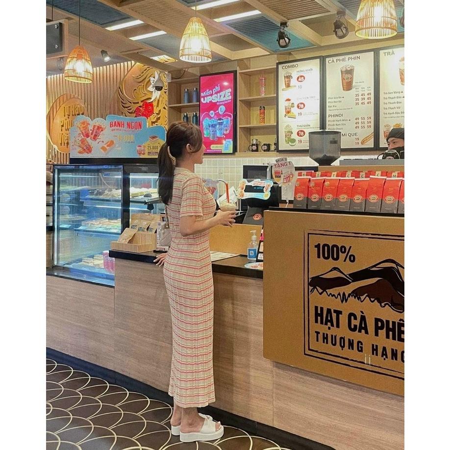 Váy maxi len kẻ ngang cổ bẻ cực hot