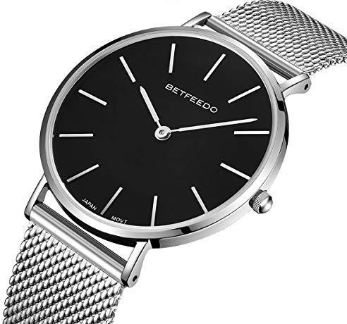 Betfeedo Mens Wrist Watches Ultra-Thin Quartz Analog Watch with Stainless Steel Mesh Band - WOMENSilverBlack